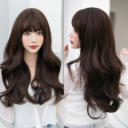 Kawaii Dreamy Sakura Pink Wavy Wig 🌸✨ | High-Density Curly Hair with Bangs for Sweet Girls 💖🎀