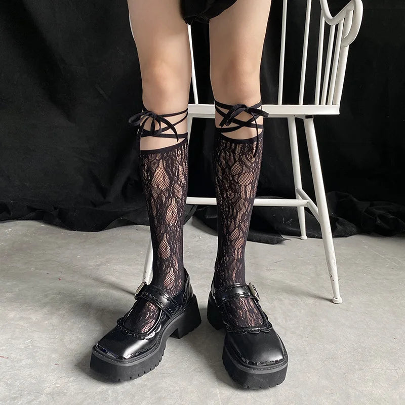 Street Split Toe Socks Strappy Lace Fishnet Stockings Cool JK Girl Knee Socks Japanese Lolita Jk Long Knee High Socks Lolita - Pixie Quill