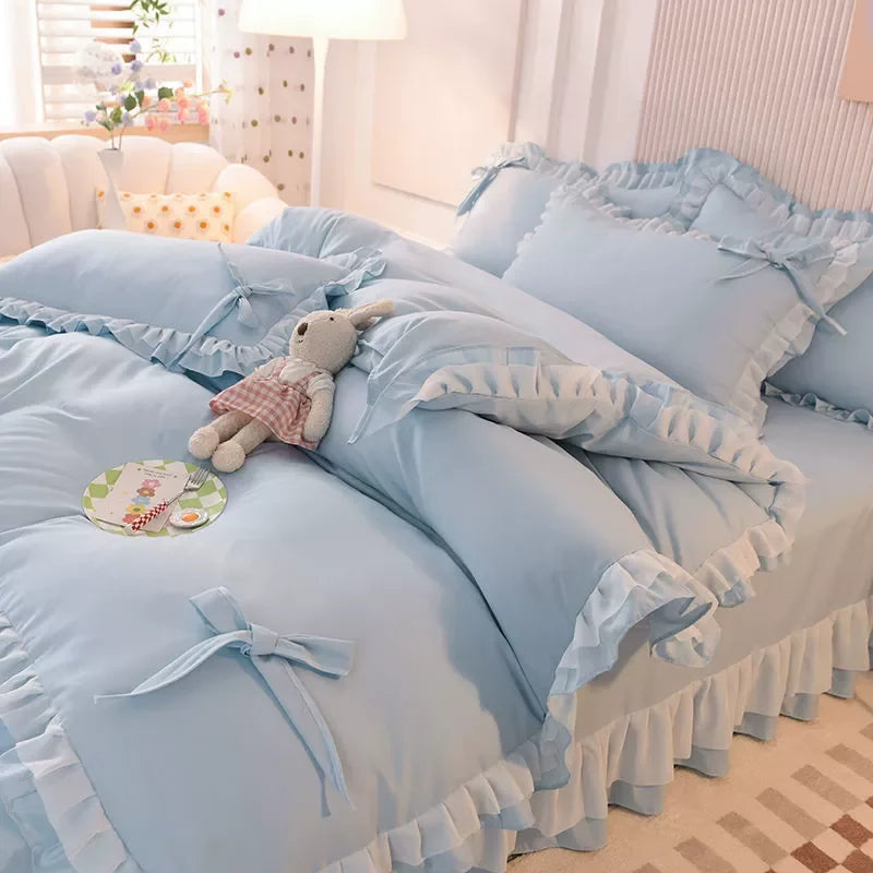 🌟 Kawaii Green Seersucker Bedding Set 🌙 4-Piece Princess Duvet & Pillowcase - Cute Home Decor! 🛏️💚