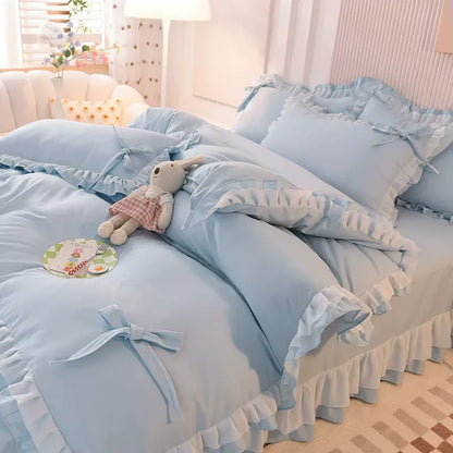 🌟 Kawaii Green Seersucker Bedding Set 🌙 4-Piece Princess Duvet & Pillowcase - Cute Home Decor! 🛏️💚