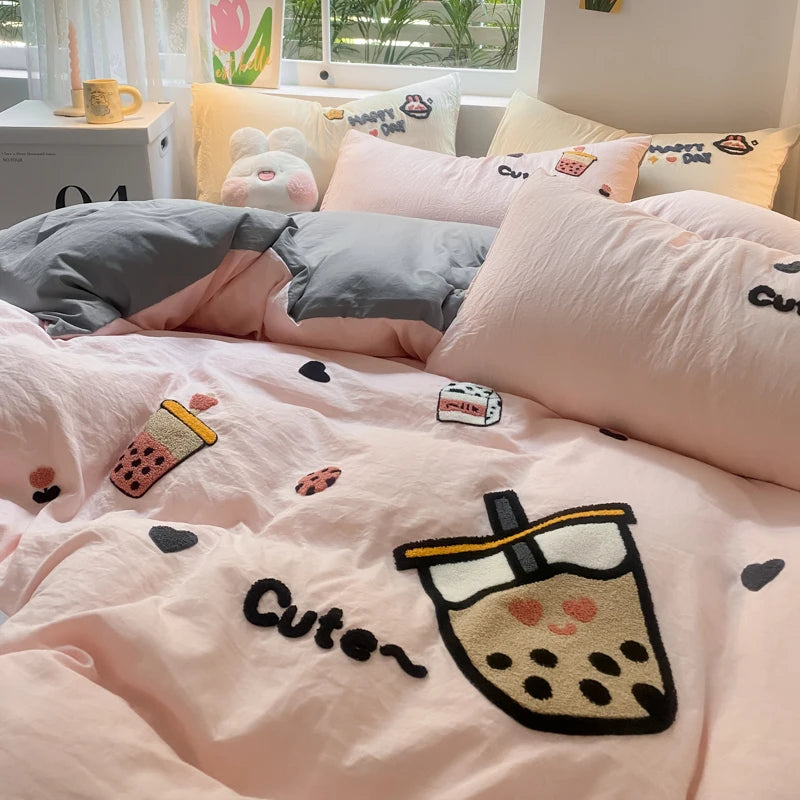Kawaii Milk Tea Cartoon Duvet Set ☕✨ Plush Bedding for Girls 🛏️💕