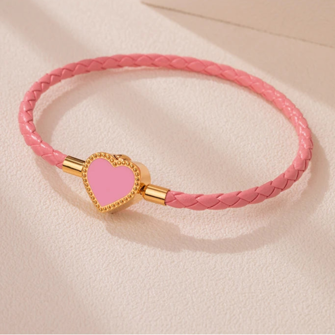 Kawaii Heart Charm Bracelet 💖✨ | Pink & Red Braided Leather for Women | Cute Wedding & Party Jewelry Gift 🎉