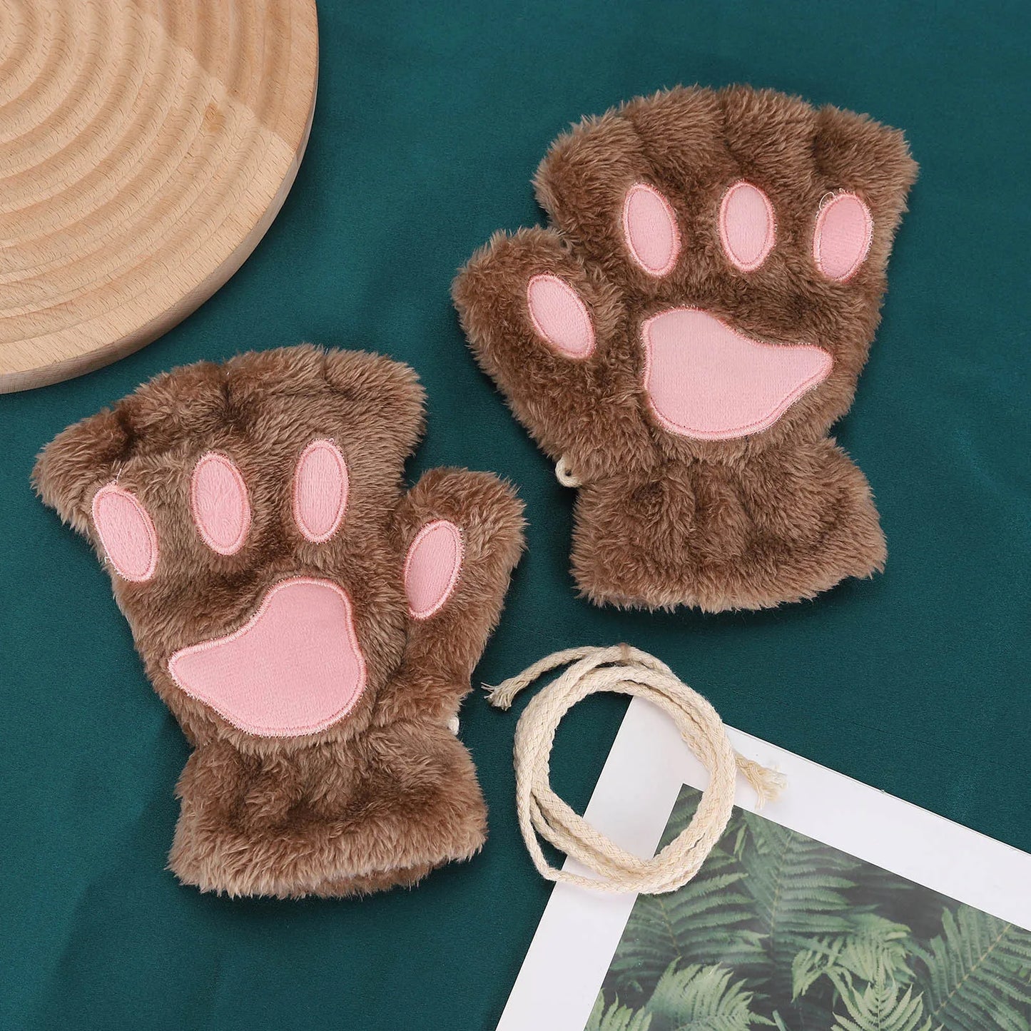 Fluffy Cat Paw Gloves Plush Mittens For Women Warm Half Finger Cozy Bear 🐱🐻