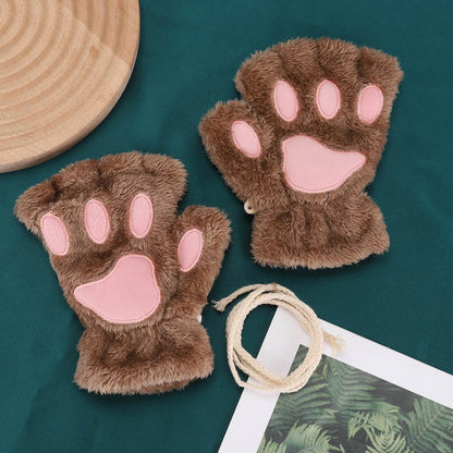 Fluffy Cat Paw Gloves Plush Mittens For Women Warm Half Finger Cozy Bear 🐱🐻