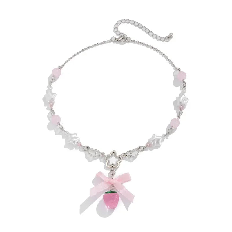 Kawaii Pink Strawberry Bowknot Choker 🍓✨ - Vintage Pentagram Pendant Necklace for Trendy Rave Girls