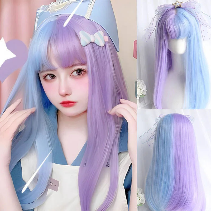 Enchanting Ombre Kawaii Wig 🌈✨ - Long Straight Lolita Style with Bangs in Glacier Blue & Blonde!