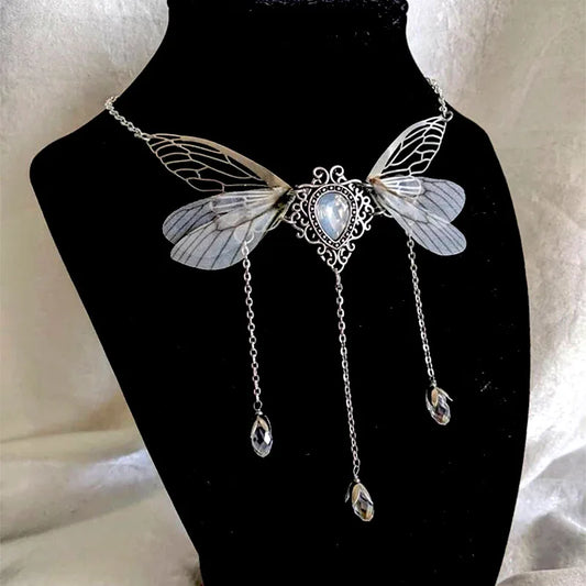 Kawaii Enchanted Faerie Queen Necklace ✨🧚‍♀️ with Wing Charm & Crystal Drops 🌸🌟