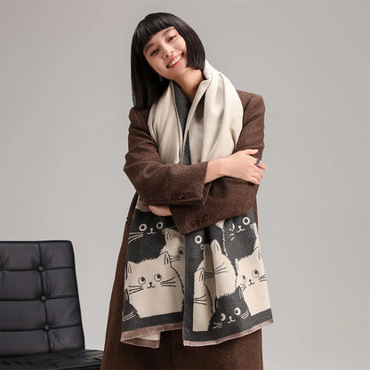 Cat Print Jacquard Scarf For Women Warm Winter Shawl 175cm Long 🐾