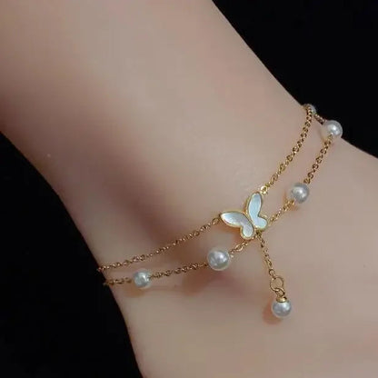 Kawaii Charm Anklet 🌸✨ - 2-Layer Pearl & Butterfly Shells, Trendy Beach Jewelry for Stylish Ladies 🦋💖