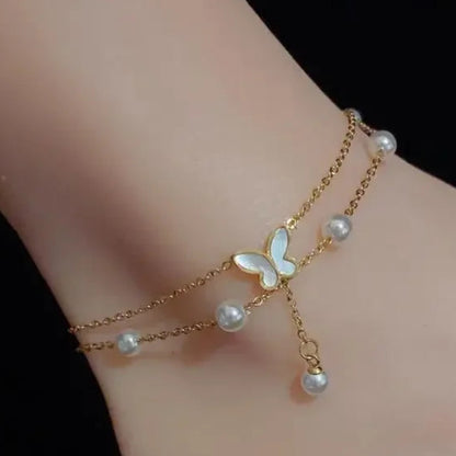 Kawaii Charm Anklet 🌸✨ - 2-Layer Pearl & Butterfly Shells, Trendy Beach Jewelry for Stylish Ladies 🦋💖