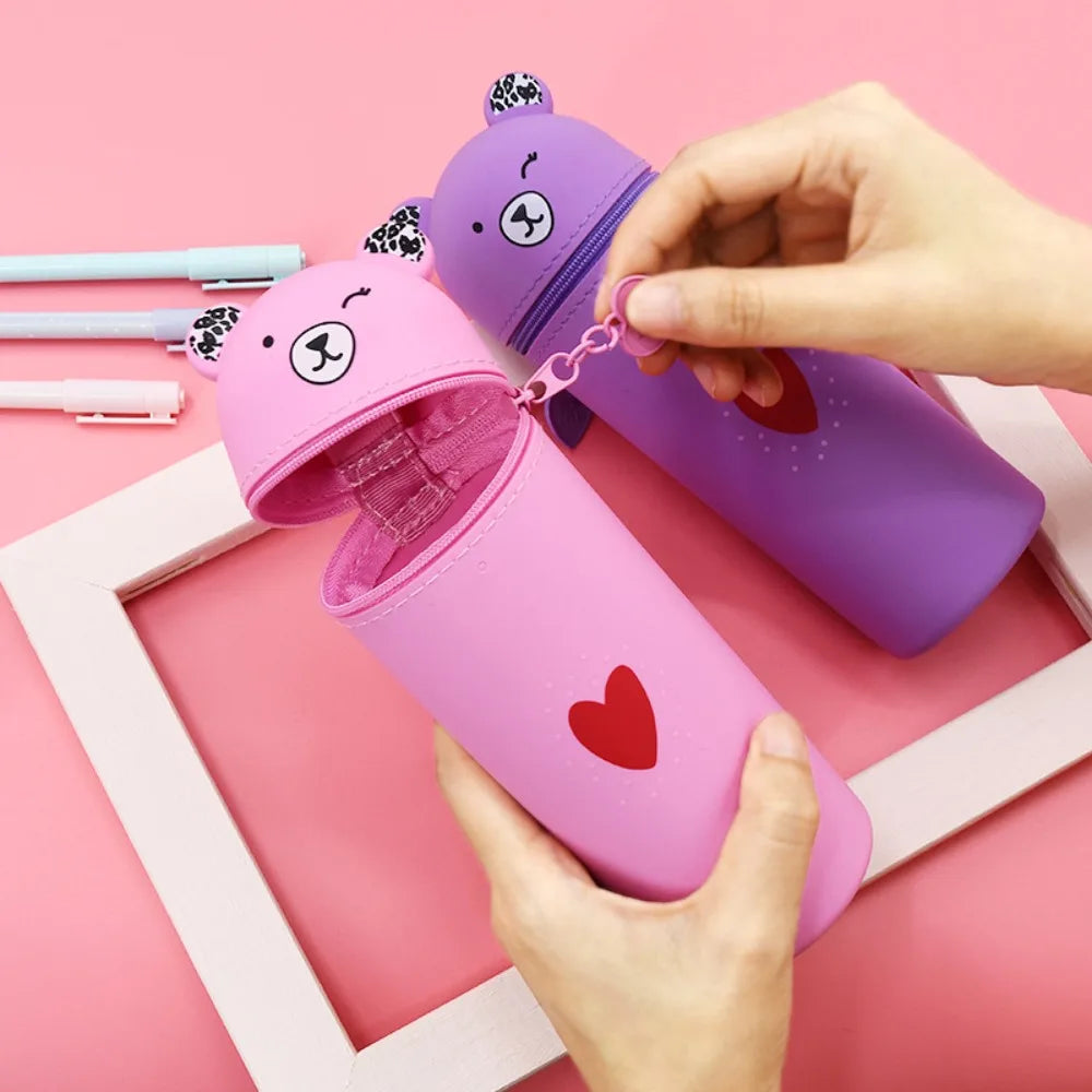 Bear Shaped Silicone Pencil Case Pen Holder For School Supplies Cute Storage 🐻✨