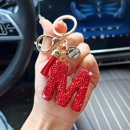 Red English Letter Car Keychain With Diamond Bag Pendant 🗝️💎✨