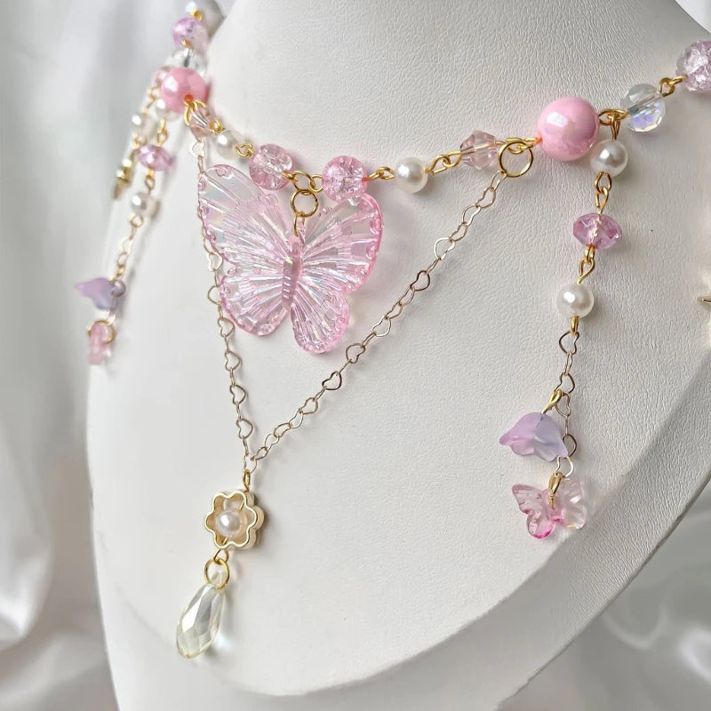 Kawaii Beaded Butterfly Charm Necklace 🌸✨ | Adjustable Trendy Pendant for Women 🦋💖