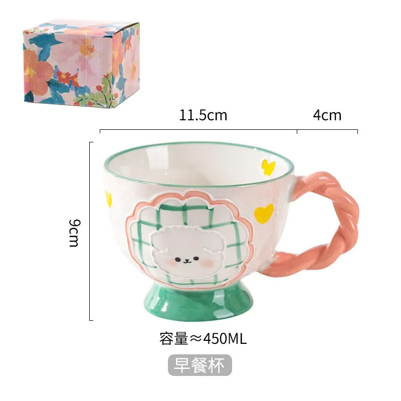 Charming Kawaii 450ml Hand-Painted Ceramic Mug ☕️✨ Cute Breakfast Oatmeal Cup for Joyful Mornings! 🎉