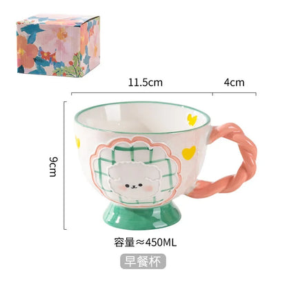 Charming Kawaii 450ml Hand-Painted Ceramic Mug ☕️✨ Cute Breakfast Oatmeal Cup for Joyful Mornings! 🎉