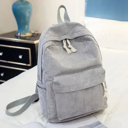 Soft Corduroy Women Backpack Female Travel Backpack Teenage Girls Striped School Backpack Large Capacity Book Bag - Pixie Quill