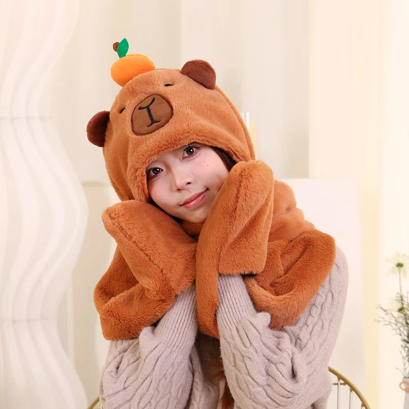 Kawaii Capybara Plush 3-in-1 Hat, Scarf & Gloves 🦙✨ Super Soft & Cozy Christmas Gift for Kids! 🎄💖