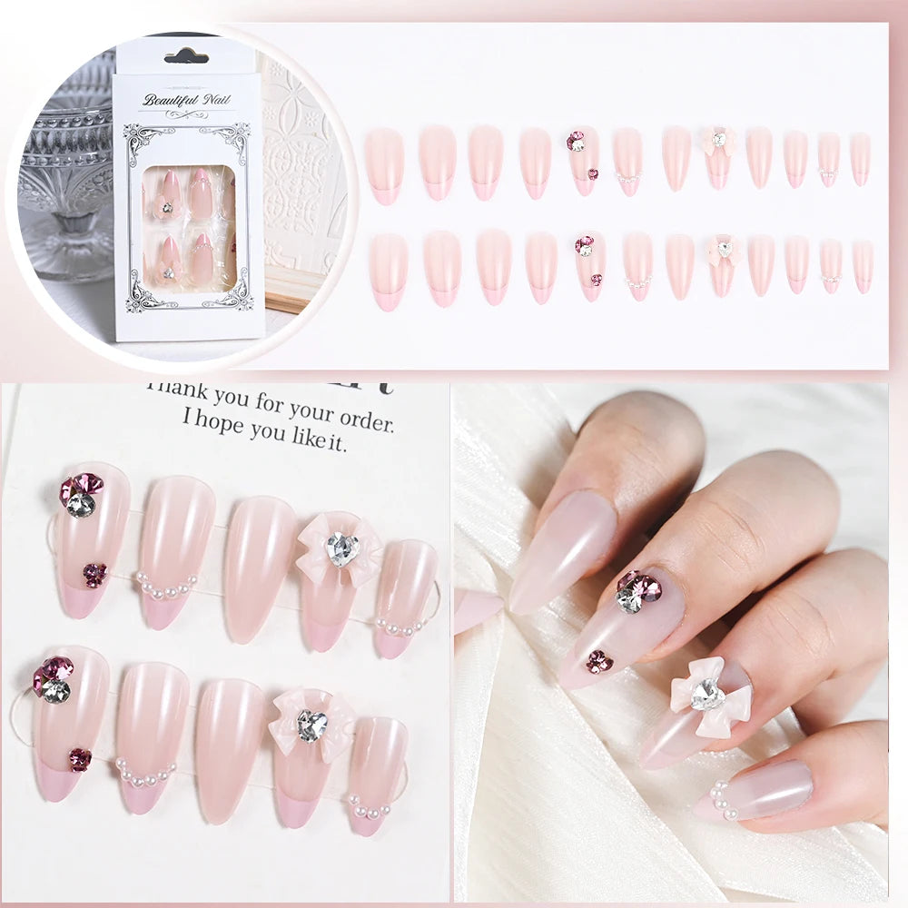 Kawaii Bunny Blossom 🌸✨ 24pcs Pink Flower Rhinestone Coffin Press-On Nails - Acrylic Nail Art for a Cute Touch! 🐰💖