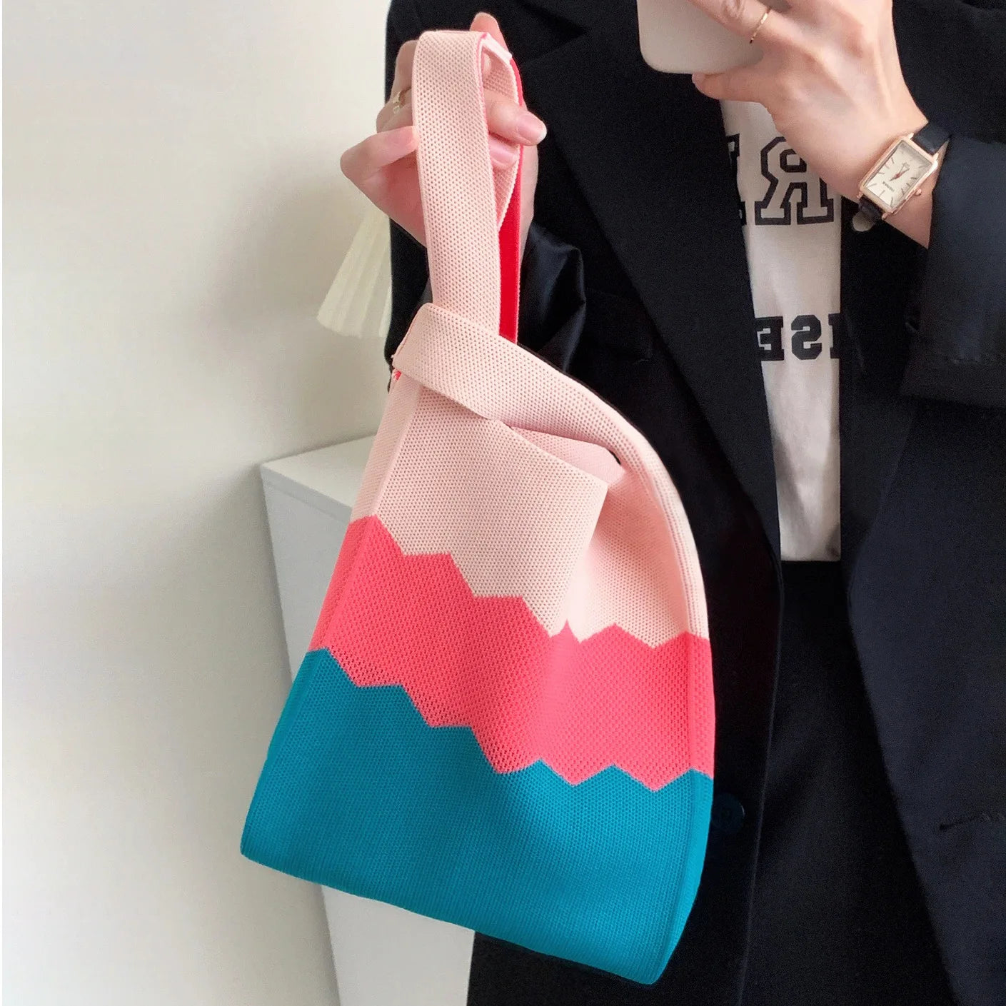 Charming Knitted Beach Bag 🏖️✨ - Trendy Tote with Woven Wrist Pouch 👜💖 - Pixie Quill