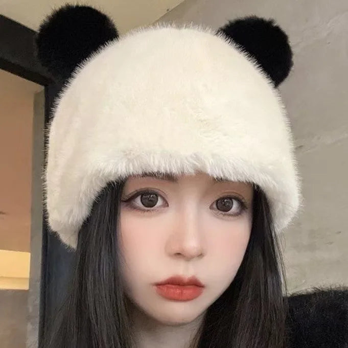 Cute Kawaii Black Bear Ears Plush Rabbit Fur Hat 🐻❄️ | Cozy Knitted Cap for Winter Fun!