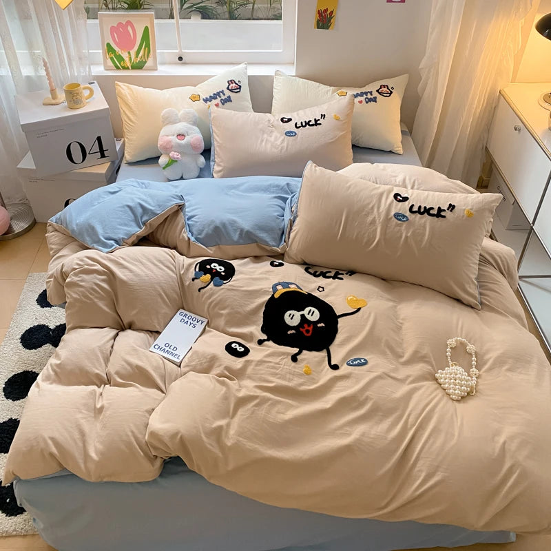 Kawaii Milk Tea Cartoon Duvet Set ☕✨ Plush Bedding for Girls 🛏️💕