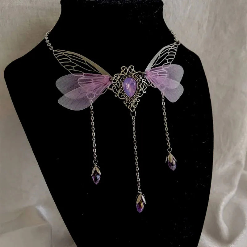 Kawaii Enchanted Faerie Queen Necklace ✨🧚‍♀️ with Wing Charm & Crystal Drops 🌸🌟