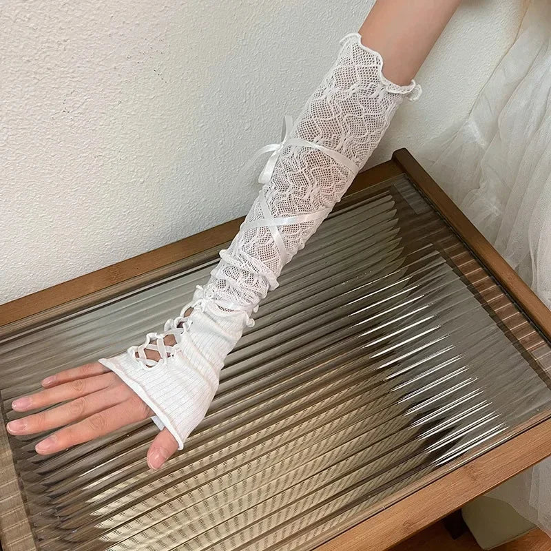 Gothic Lolita Lace Fingerless Gloves Black Mesh Sleeve Accessory Punk Style 🖤