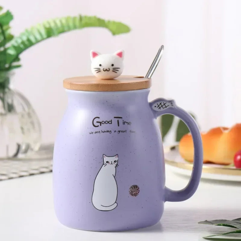 Kawaii Cat Ceramic Mug with Wooden Lid & Spoon 🐾💕 | Adorable Heat-Resistant Drinkware for Milk, Yogurt & More! 🍶✨