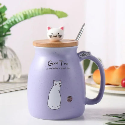 Kawaii Cat Ceramic Mug with Wooden Lid & Spoon 🐾💕 | Adorable Heat-Resistant Drinkware for Milk, Yogurt & More! 🍶✨