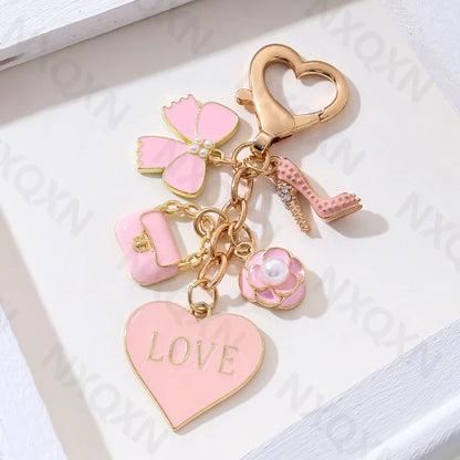 Kawaii Pink Heart Flower Bow Knot Enamel Keychain 🌸💖 Cute Fashion Accessory for Women & Girls - Handmade Birthday Gift! 🎁