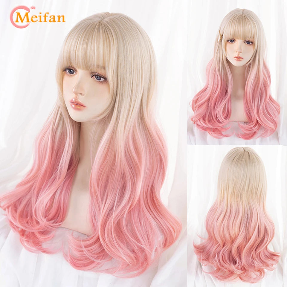 Kawaii Ombre Pink & Blonde Long Straight Wig 🎀✨ - Cute Lolita Cosplay Hair for Parties & Halloween! 🌸🖤