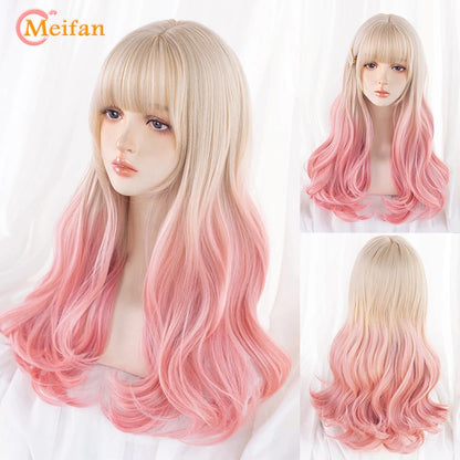 Kawaii Ombre Pink & Blonde Long Straight Wig 🎀✨ - Cute Lolita Cosplay Hair for Parties & Halloween! 🌸🖤