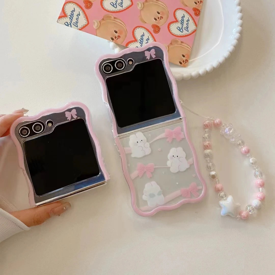 ✨Cute Crystal Cats & Bunnies 🌟 Stylish Pearl Wrist Strap Case for Samsung Galaxy Z Flip 6/5/4/3 5G 🐾💖
