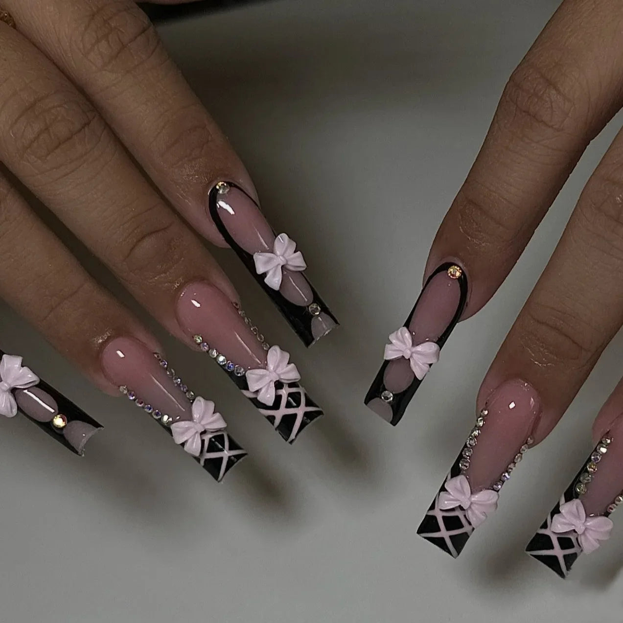 Kawaii Love Pattern Coffin Nails 🎀✨ | 24Pcs Brown French Full Cover Press-On Tips 💅💕