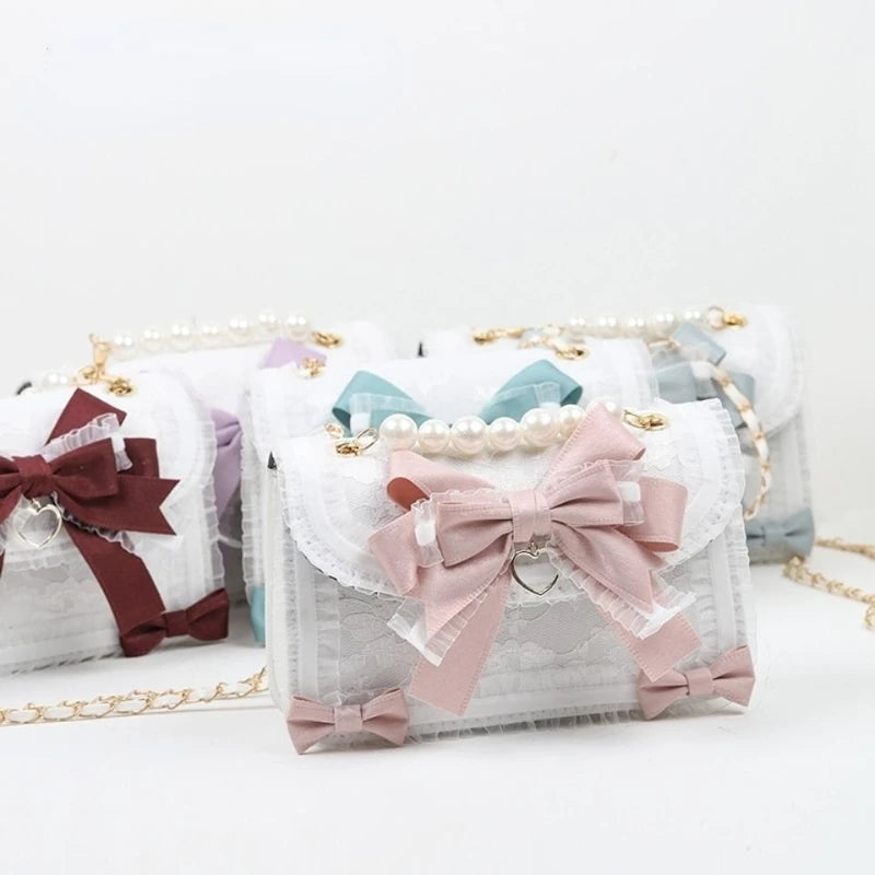 ✨ Kawaii Lolita Bow & Lace Crossbody Bag 🎀 | Pearl-Embellished Japanese Style Purse for Trendy Girls 🌸