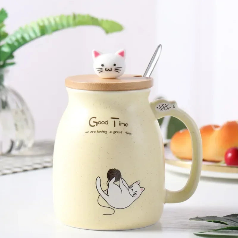 Kawaii Cat Ceramic Mug with Wooden Lid & Spoon 🐾💕 | Adorable Heat-Resistant Drinkware for Milk, Yogurt & More! 🍶✨