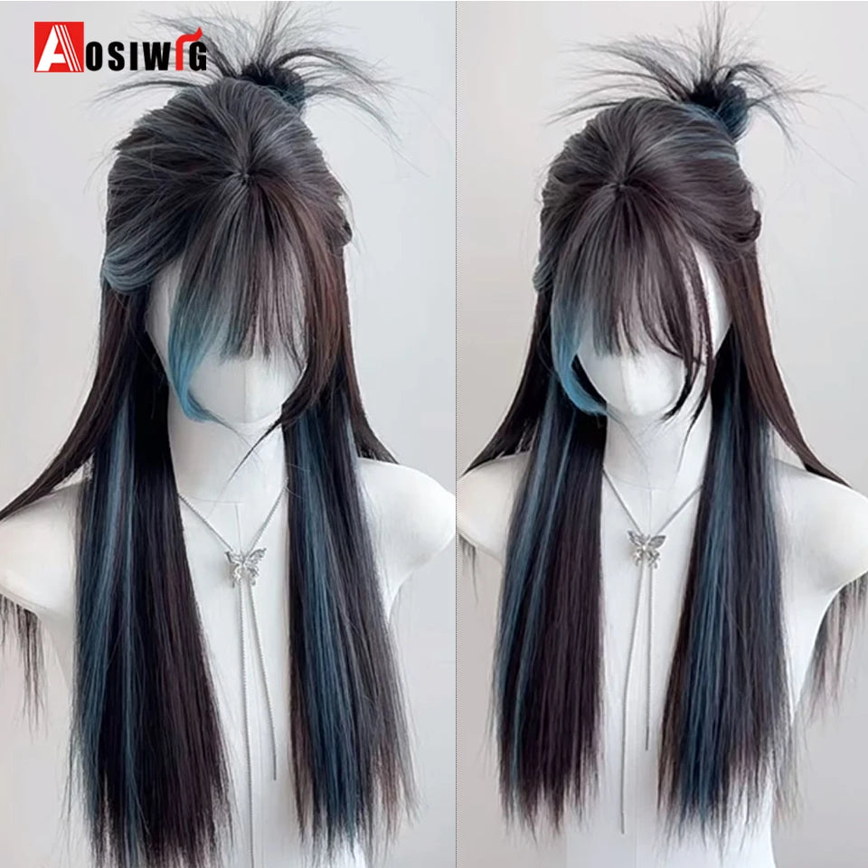 Kawaii Black & Blue Long Straight Lolita Wig 💖✨ Perfect for Cosplay & Parties! 🎉🎀