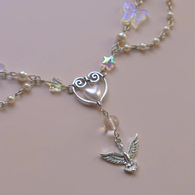 Kawaii Crystal Phoenix Heart Pendant Necklace 🌈✨ | Angelcore Hummingbird Fairy Charm! 💖🦋