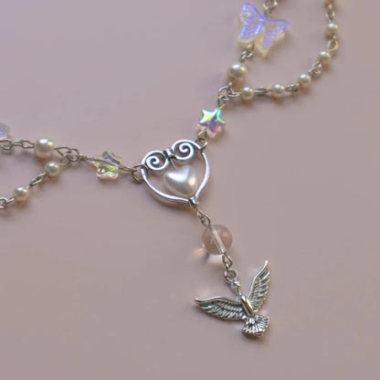Kawaii Crystal Phoenix Heart Pendant Necklace 🌈✨ | Angelcore Hummingbird Fairy Charm! 💖🦋