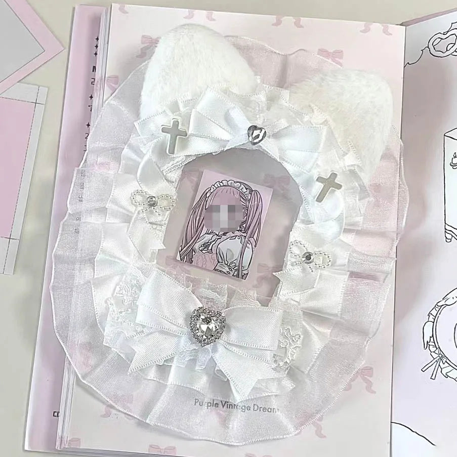 Kpop Idol Photo Holder Poker Storage Decor with Lace and Ribbon Plush Ears Cute Photocard Top Loader