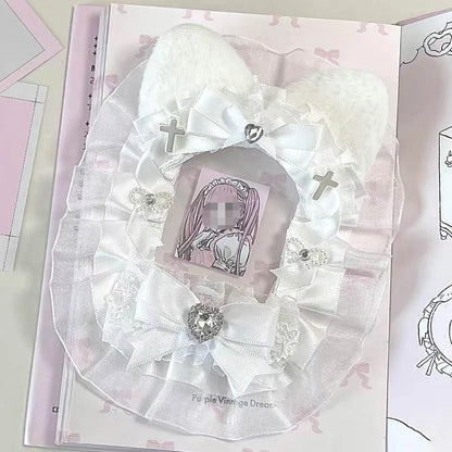 Kpop Idol Photo Holder Poker Storage Decor with Lace and Ribbon Plush Ears Cute Photocard Top Loader