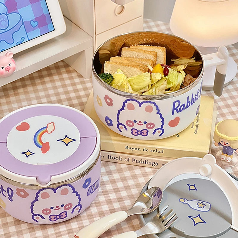 🐰 Adorable Stainless Steel Noodle Haven 🍜 - Portable Bento Bowl with Handle for Happy Lunches! - Pixie Quill