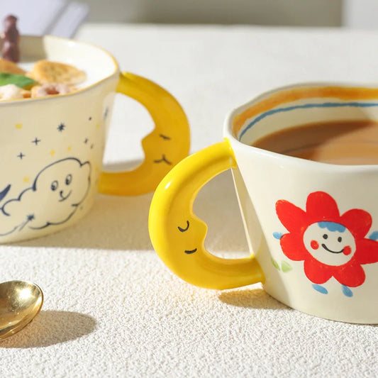 🌙 Whimsical Hand-Painted Moon Mug ☕ Kawaii Breakfast Cup for Tea & Coffee ☁️ Perfect Gift Idea! 🎁