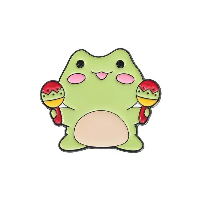 Kawaii Cartoon Frog Band Enamel Pins 🎶🐸 | Fun Drum & Guitar Brooches for Kids & Friends 🎸✨ | Cute Lapel Badges & Jewelry Gift