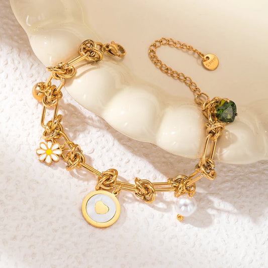 Dreamy Pearl Flower Pendant Bracelet With Zircon And Mother Of Pearl In 18K Gold Stainless Steel For Women Gift 💖🌸✨