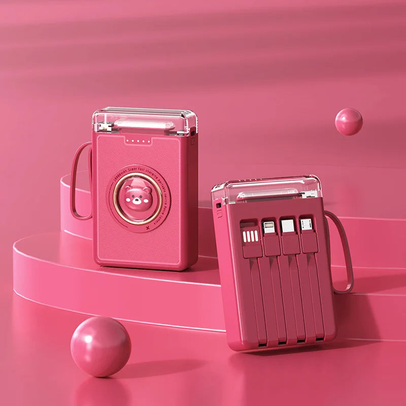 Kawaii 20000mAh Mini Power Bank 🐾✨ Cute Pet Cartoon Design with 4 Built-in Cables & LED Light!