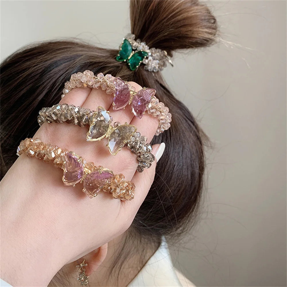 Kawaii Crystal Butterfly Hair Tie 🦋✨ | Luxurious Beaded Elastic Hair Band for Women & Girls | Exquisite Ponytail Accessory 🎀