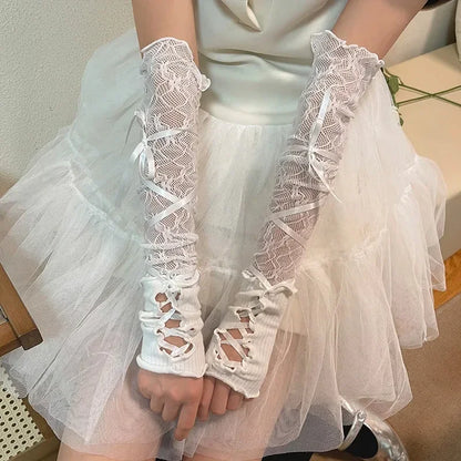 Gothic Lolita Lace Fingerless Gloves Black Mesh Sleeve Accessory Punk Style 🖤