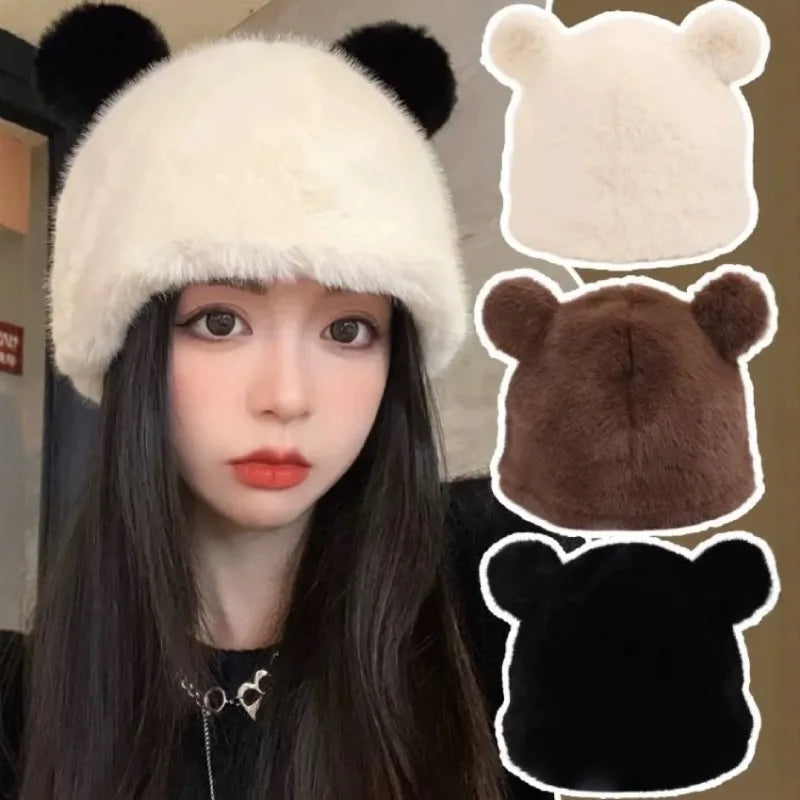 Cute Kawaii Black Bear Ears Plush Rabbit Fur Hat 🐻❄️ | Cozy Knitted Cap for Winter Fun!