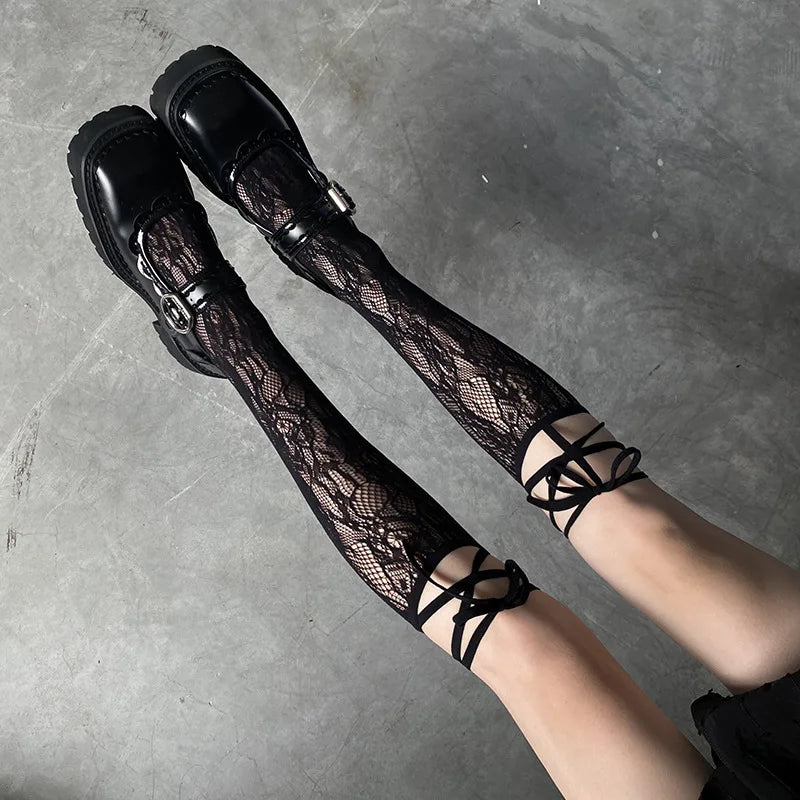 Chic Split Toe Socks With Strappy Lace Fishnet Stockings JK Lolita Knee High 😺🧦✨
